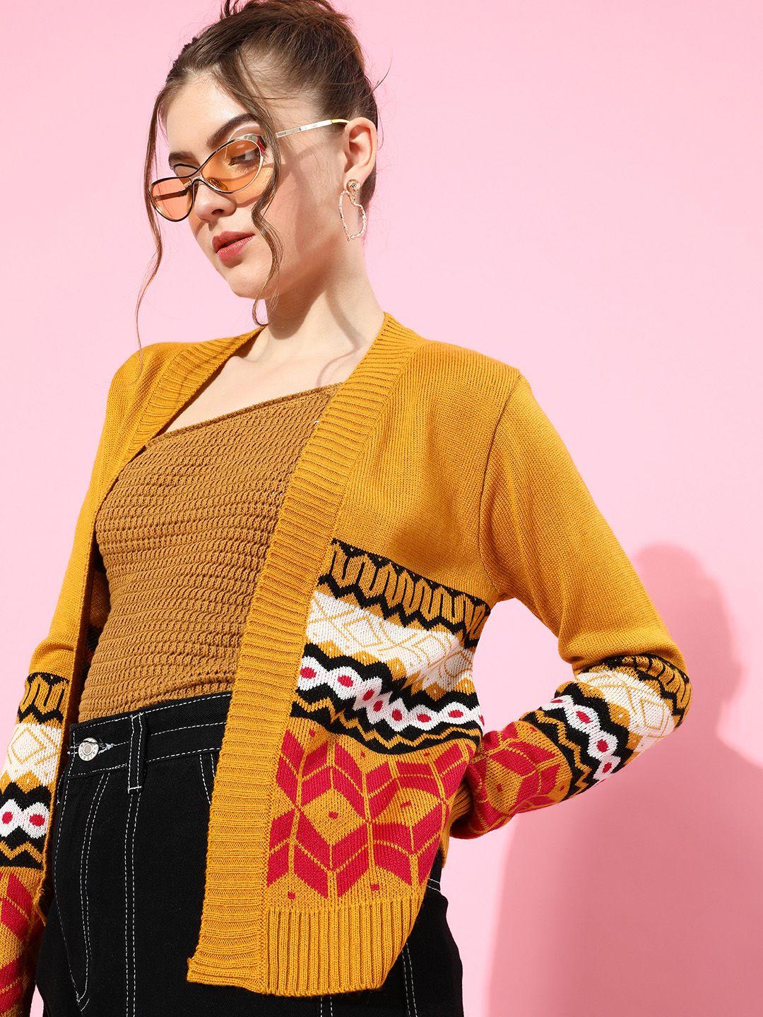 DressBerry Woman Stylish Mustard Geometric Fair Isle Sweater