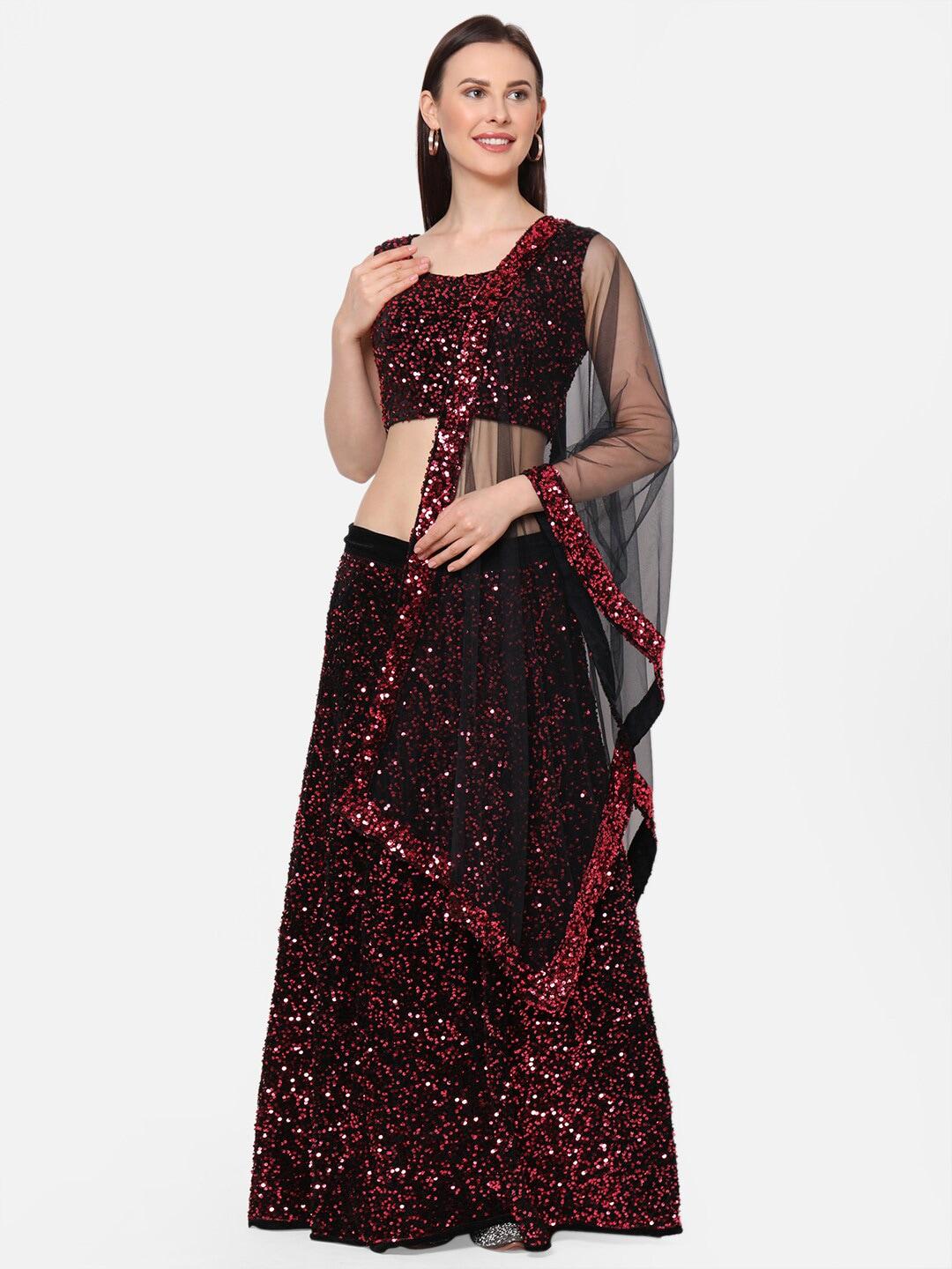 RedRound Maroon & Black Embellished Semi-Stitched Lehenga & Unstitched Blouse with Dupatta