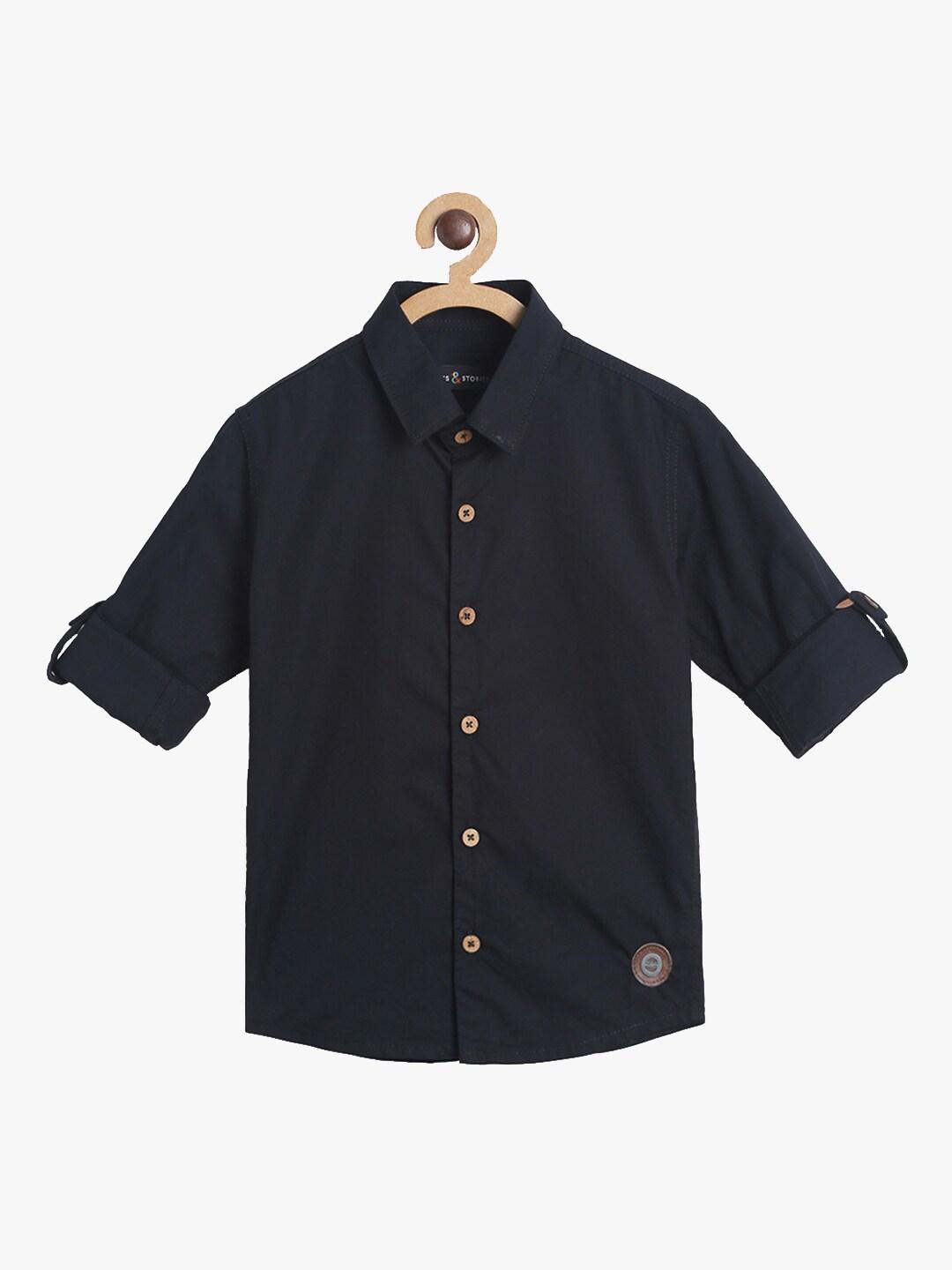 TALES & STORIES Boys Black Regular Fit Solid Casual Cotton Shirt