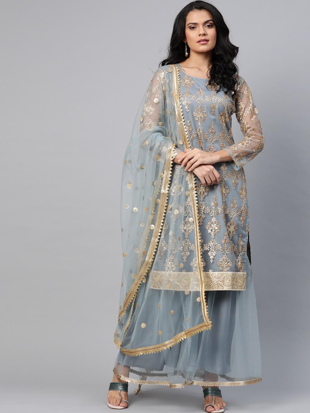 Readiprint Fashions Women Grey & Golden Embroidered Semi-Stitched Dress Material
