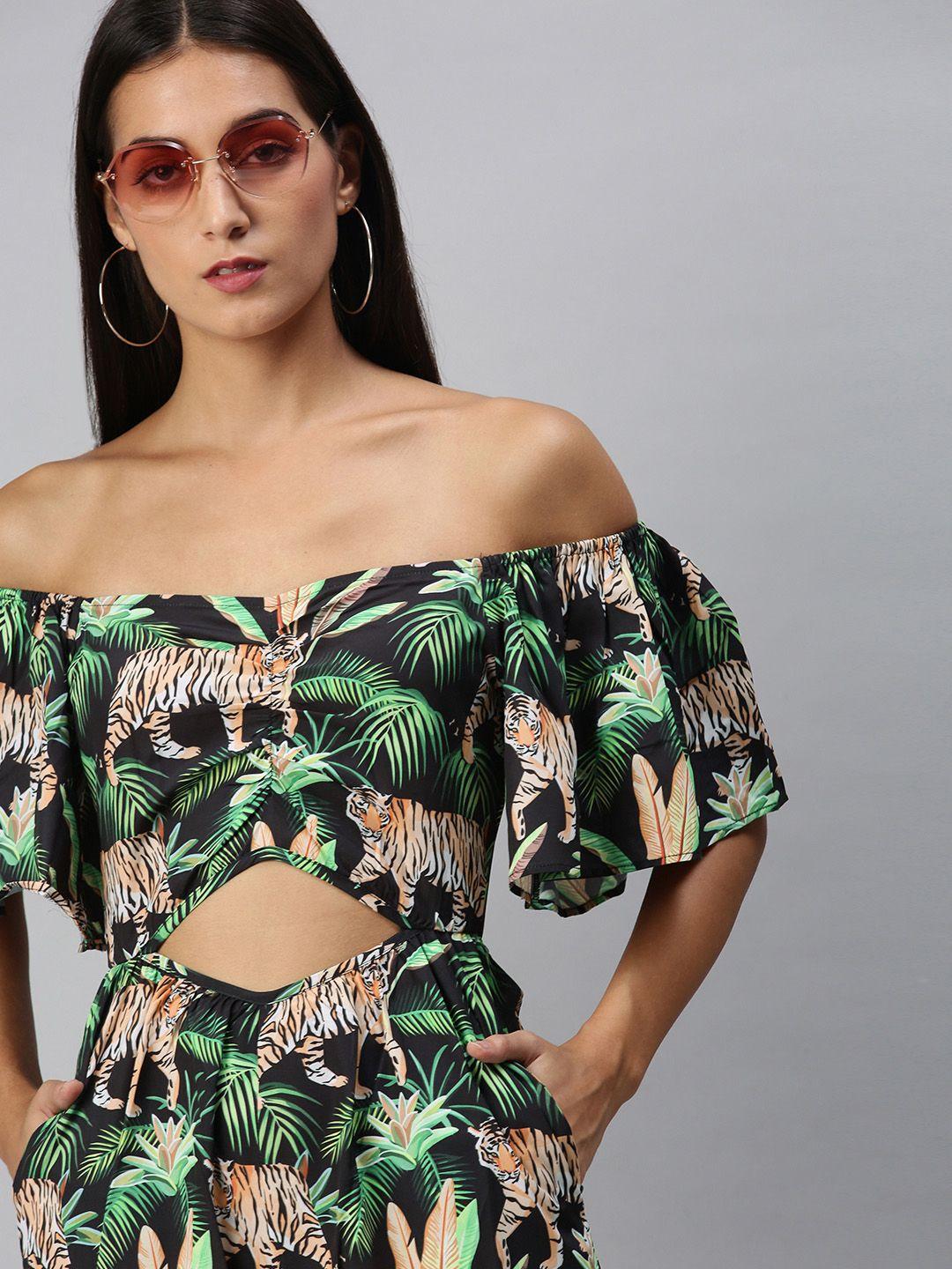 KASSUALLY Women Green Off-Shoulder Tropical Printed Basic Jumpsuit with Applique