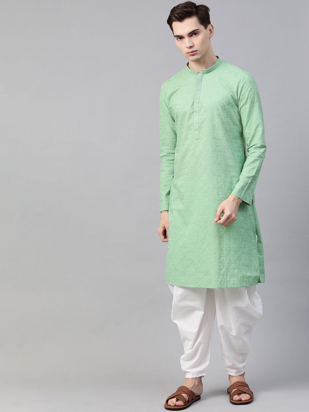 See Designs Men Green Pure Cotton Chikankari Embroidered Straight Kurta