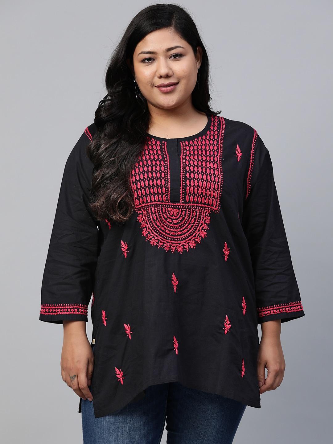 ADA Women Plus Size Black Chikankari Embroidered Pure Cotton Handloom Kurti