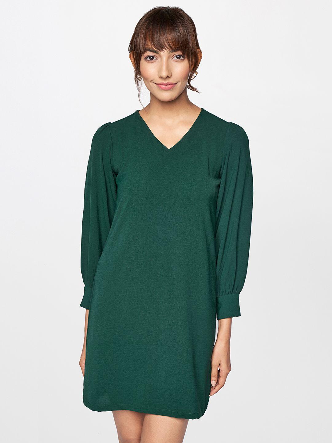 and-women-dark-green-solid-v-neck-casual-t-shirt-dress