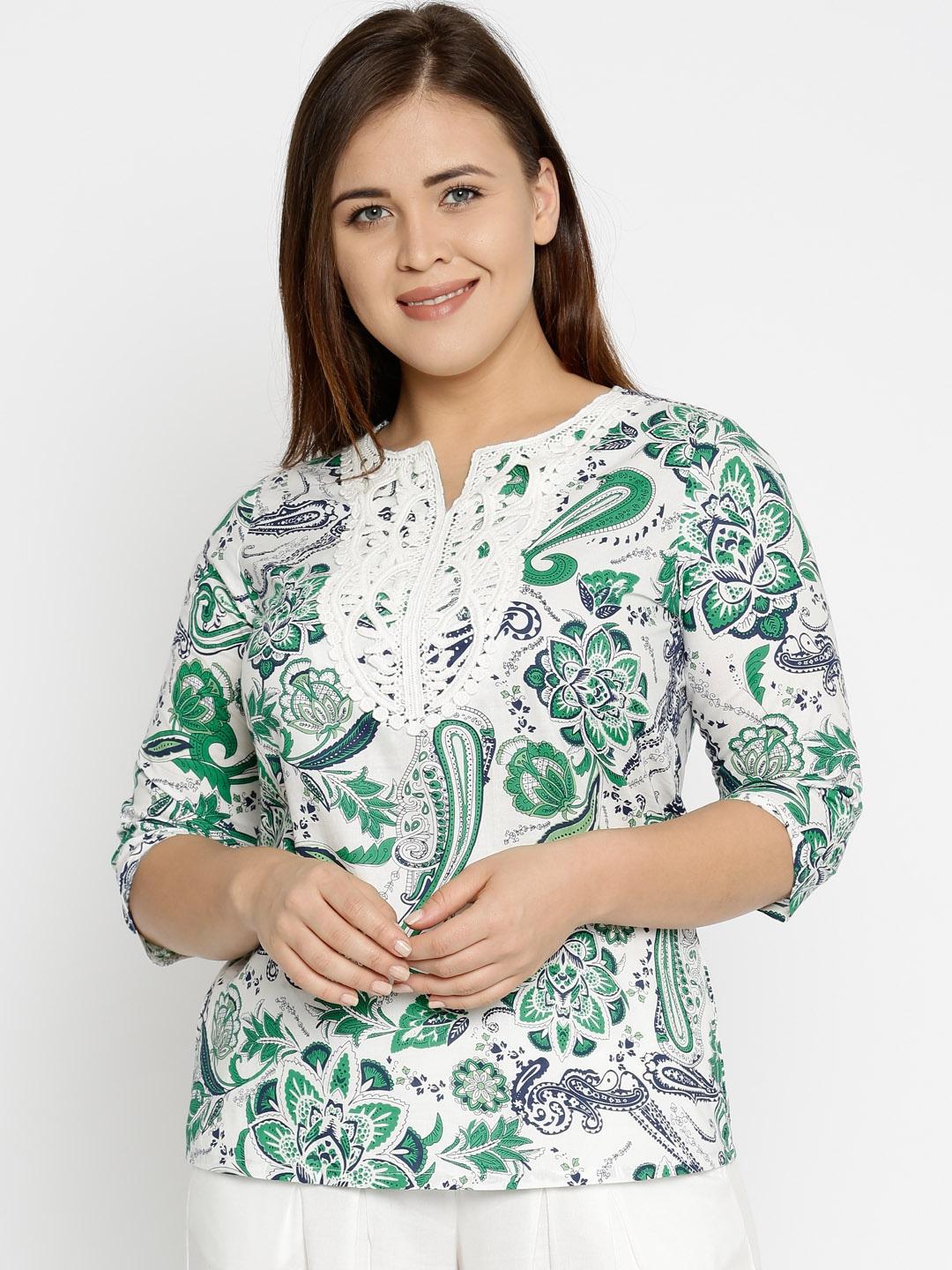 style-quotient-white-&-green-printed-plus-size-pure-cotton-top