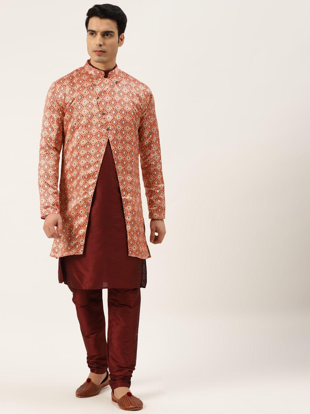 sojanya-men-peach-coloured-&-maroon-solid-kurta-pyjama-&-printed-sherwani-set