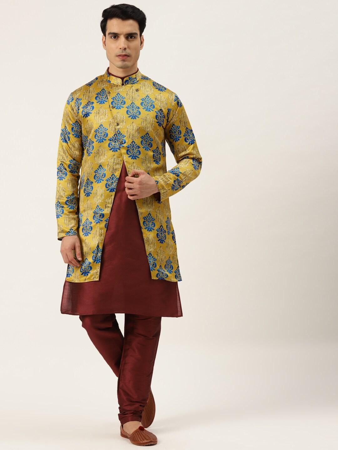 sojanya-men-yellow-&-maroon-solid-kurta-pyjama-&-printed-sherwani-set
