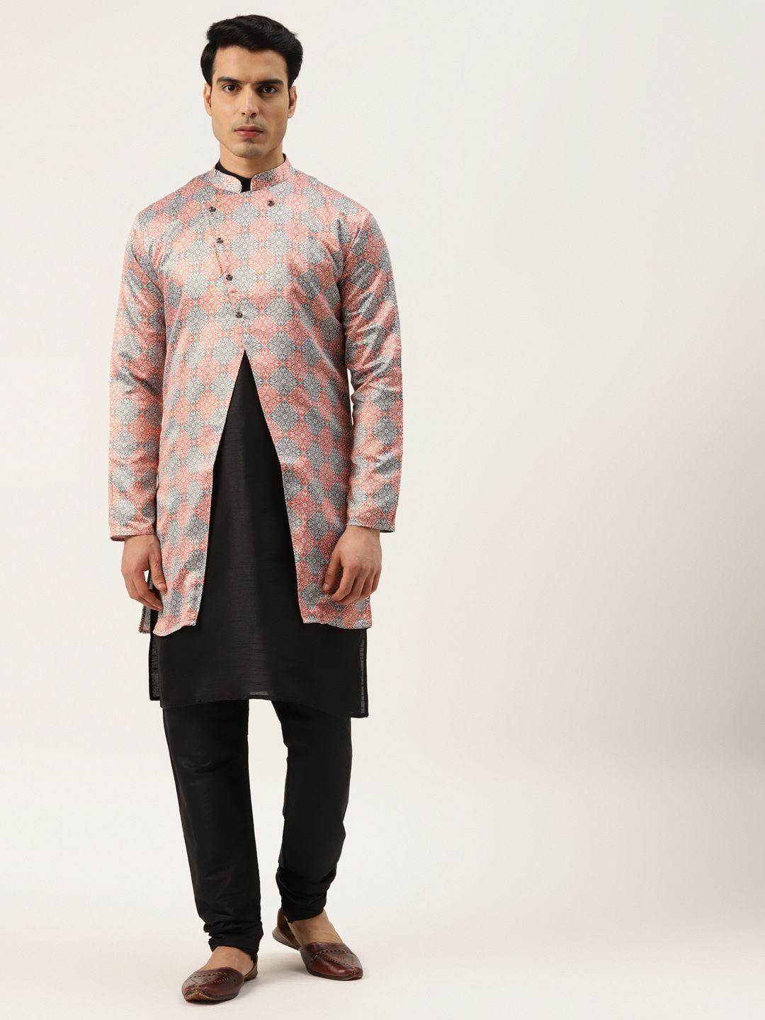 sojanya-men-black-&-rust-orange-solid-kurta-with-churidar-&-printed-jacket