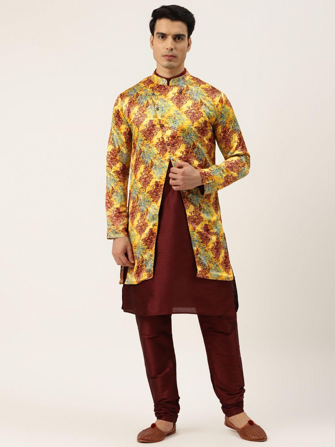 sojanya-men-maroon-solid-kurta-with-churidar-&-printed-jacket