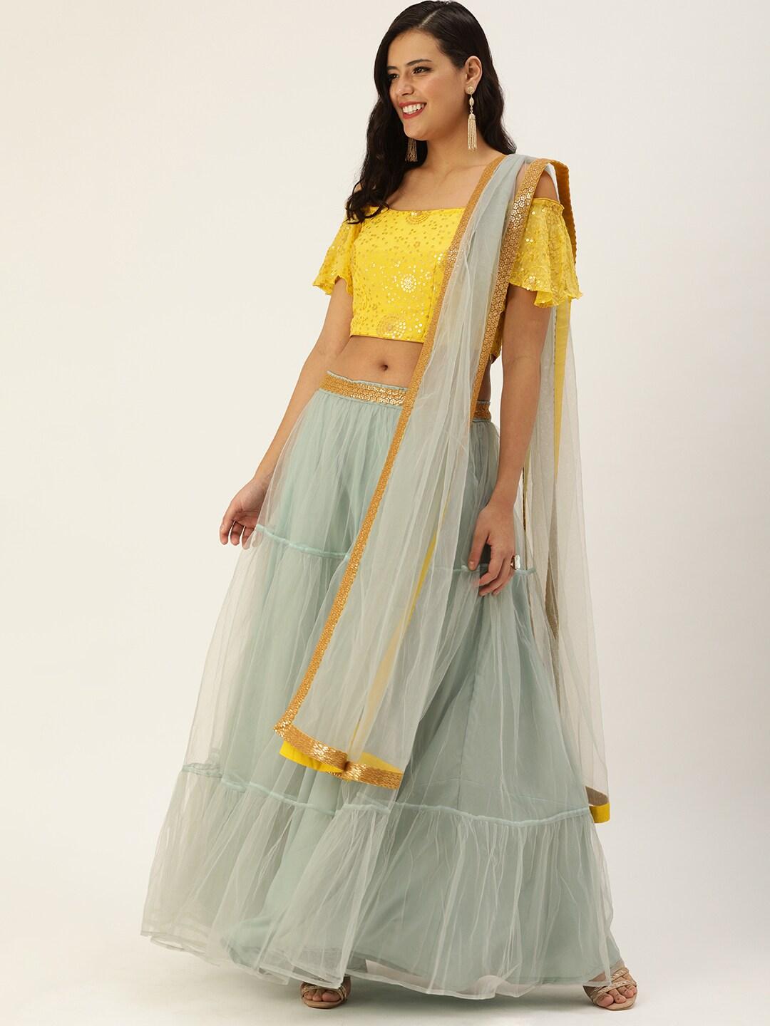 Ethnovog Yellow  Green Embellished Sequinned Made to Measure Lehenga  Blouse With Dupatta