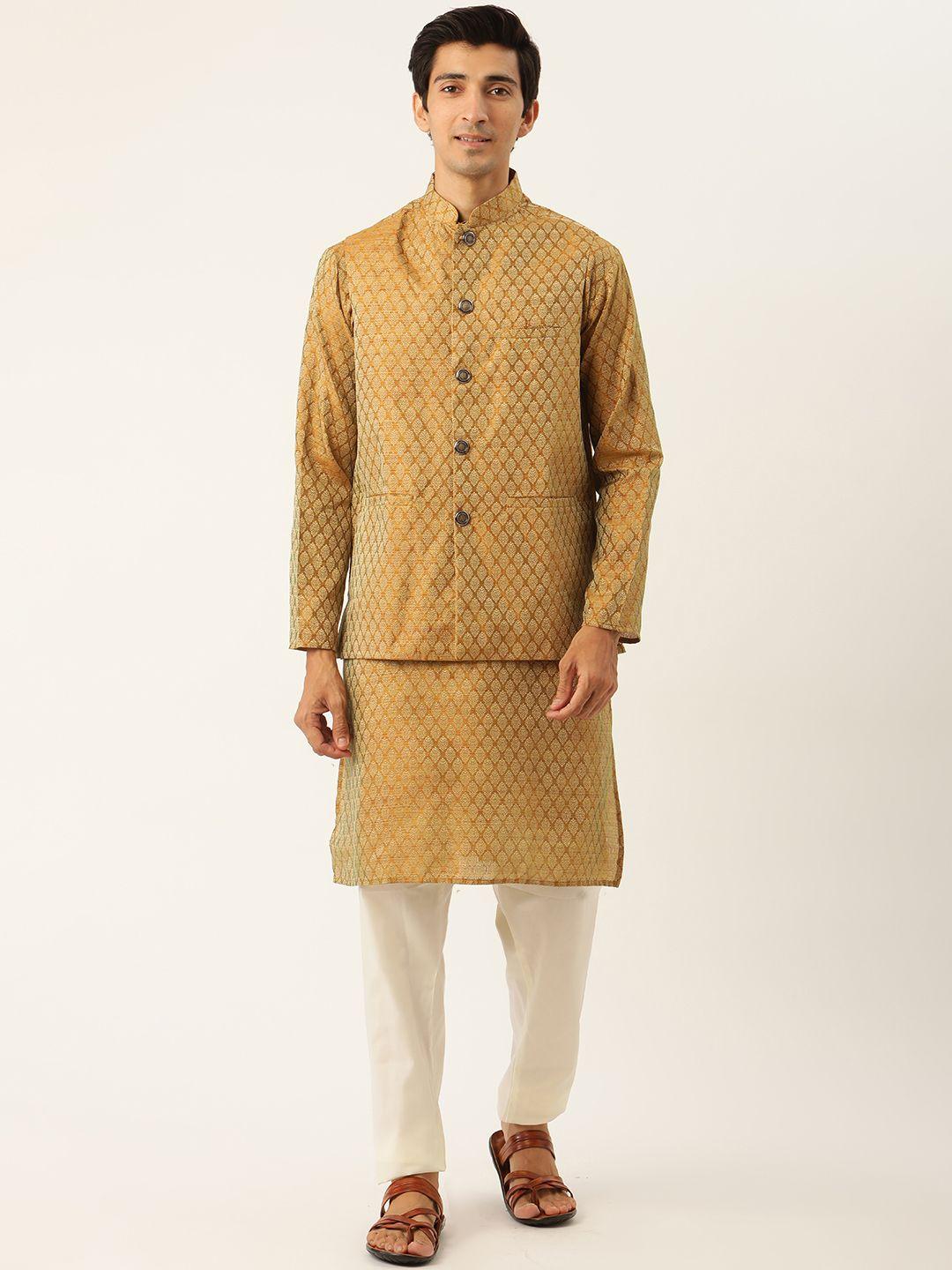 sojanya-men-mustard-yellow-&-off-white-jacquard-kurta-with-churidar-&-nehru-jacket