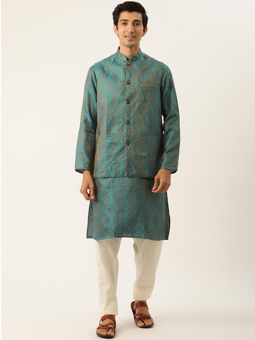 SOJANYA Men Teal Blue & Off-White Woven Design Kurta with Pyjamas & Nehru Jacket