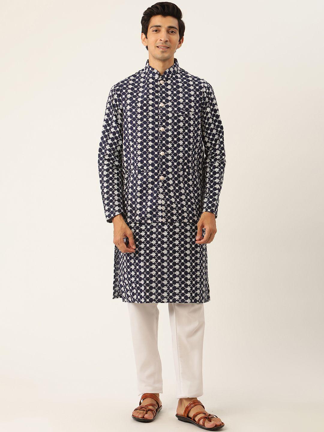 sojanya-men-navy-blue-&-white-woven-design-kurta-with-pyjamas-&-nehru-jacket