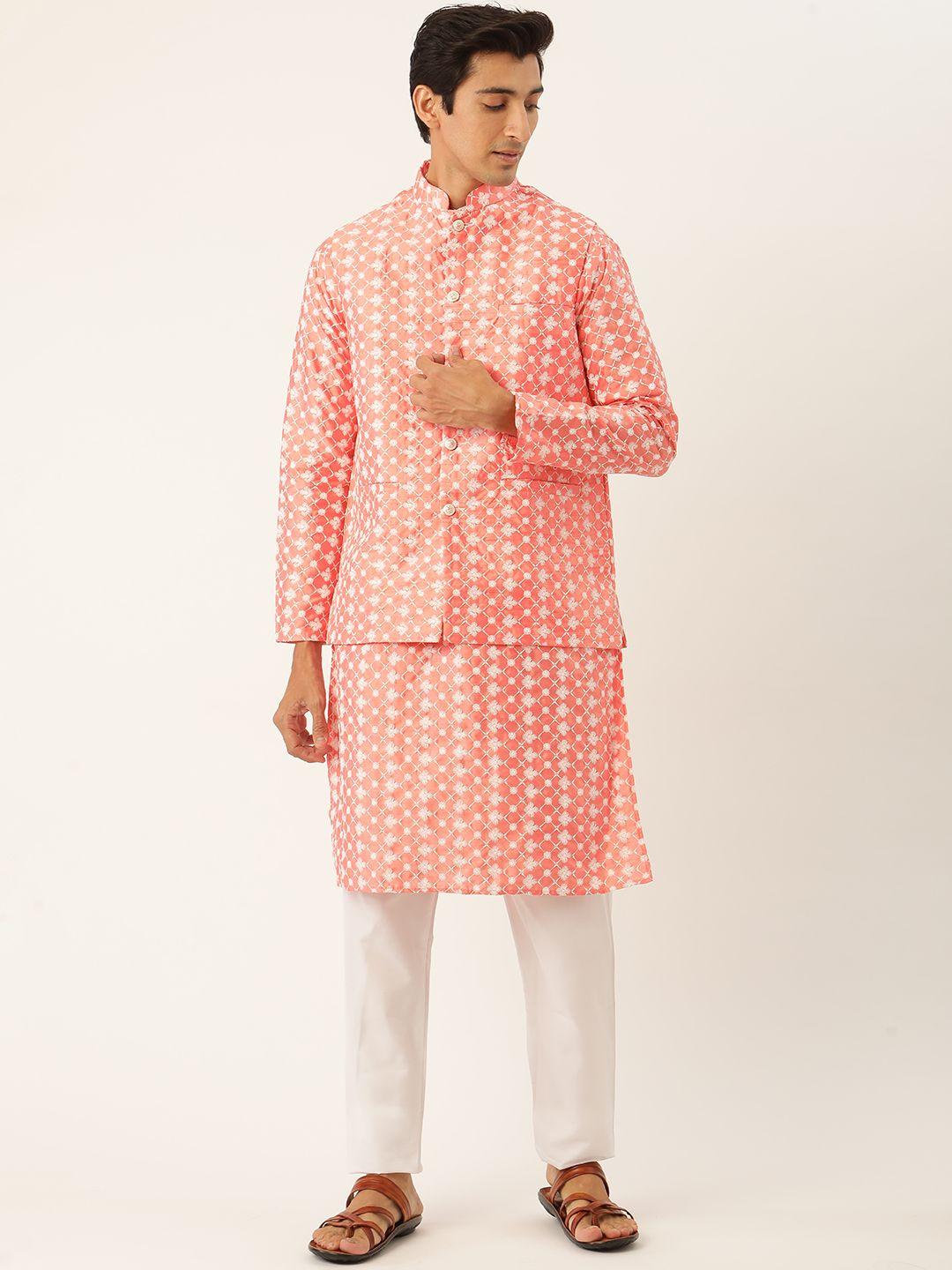 SOJANYA Men Peach-Coloured & White Embroidered Kurta with Pyjamas & Nehru Jacket