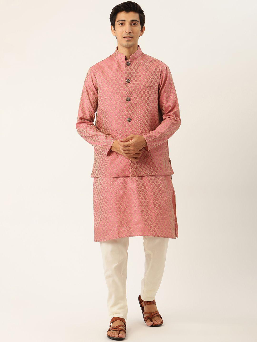 SOJANYA Men Pink Ethnic Motifs Kurta with Churidar & Nehru Jacket