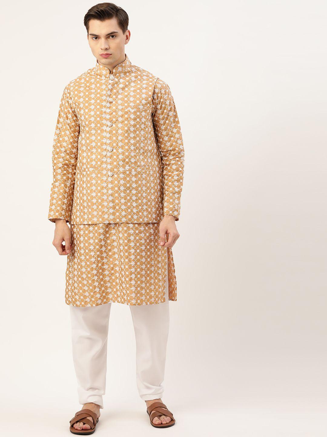 sojanya-men-golden-&-white-floral-embroidered-kurta-with-churidar-&-nehru-jacket