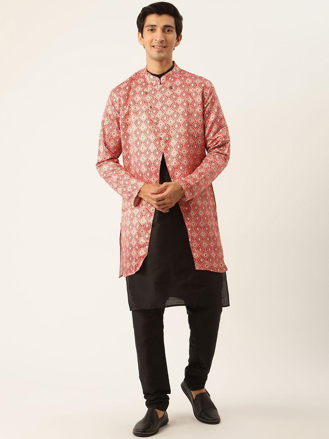 sojanya-men-pink-&-black-solid-kurta-pyjama-&-printed-sherwani-set