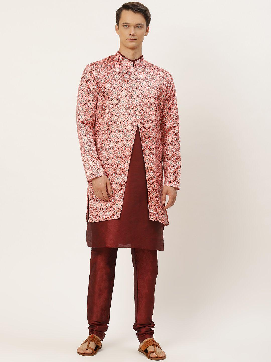 sojanya-men-pink-&-maroon-ethnic-motifs-print-kurta-&-churidar-with-tailored-jacket