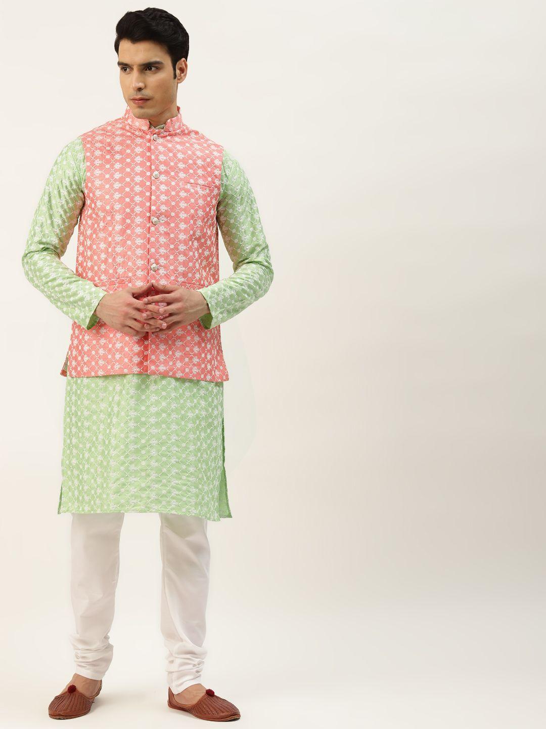sojanya-men-green-&-white-embroidered-thread-work-kurta-with-churidar-&-nehru-jacket