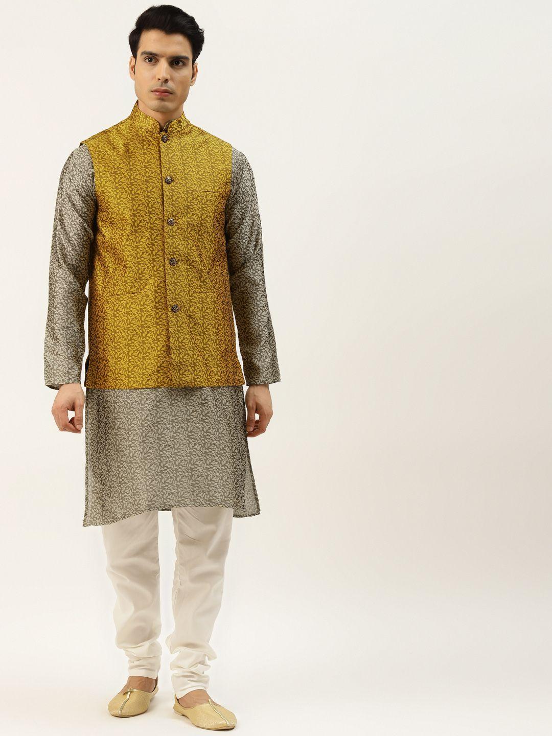 sojanya-men-grey-&-beige-jacquard-silk-kurta-with-churidar-&-nehru-jacket