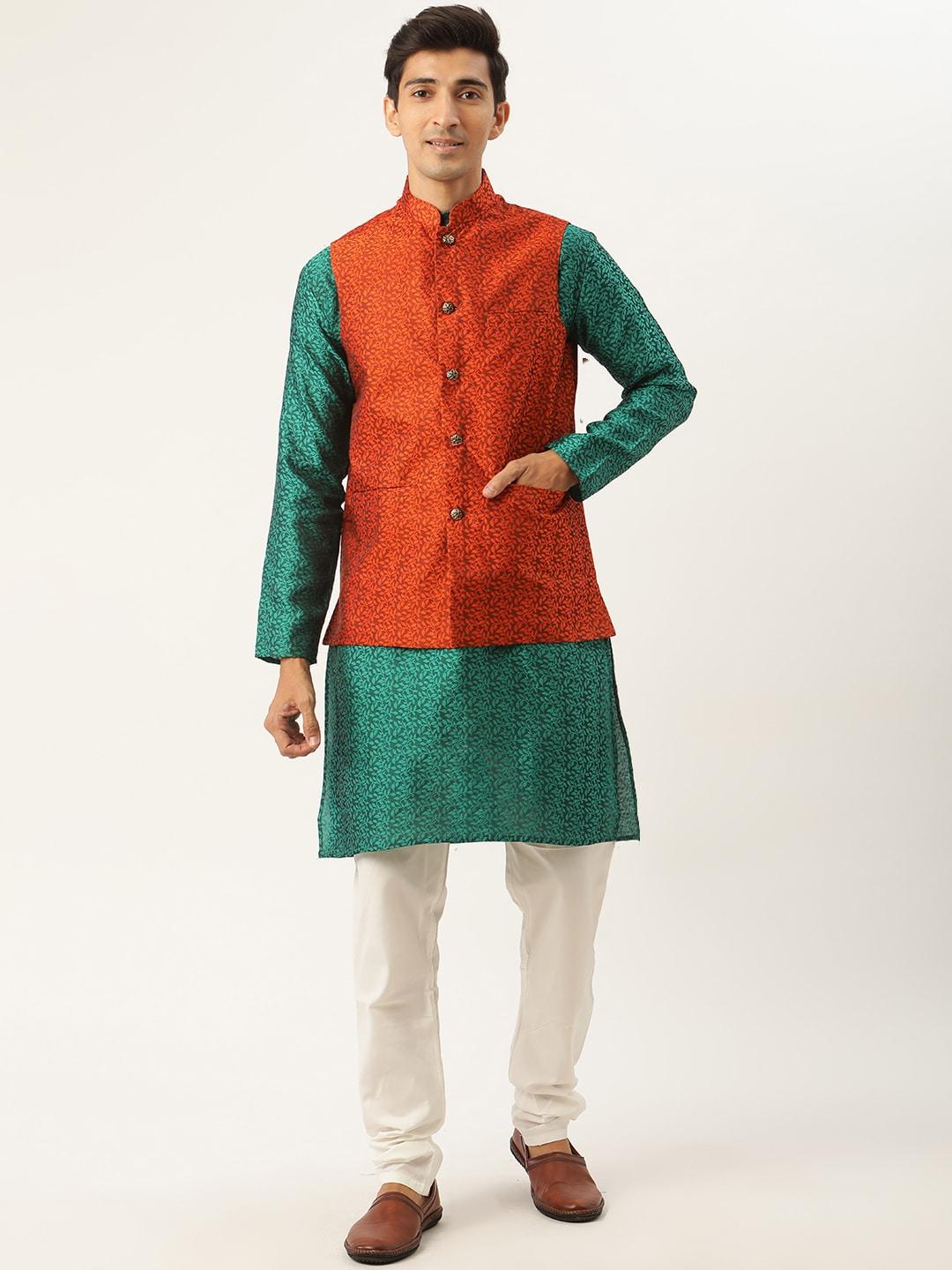SOJANYA Men Green & Orange Ethnic Motifs Woven Design Kurta with Churidar & Nehru Jacket