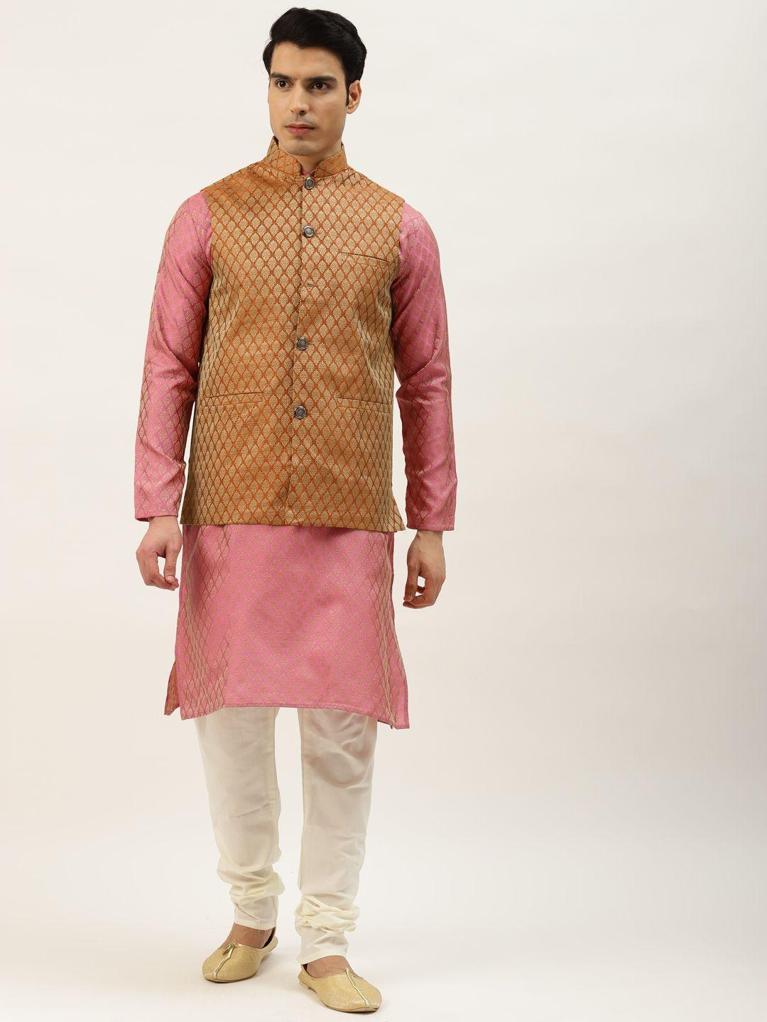 SOJANYA Men Pink & Orange Ethnic Motifs Kurta with Churidar & Nehru Jacket