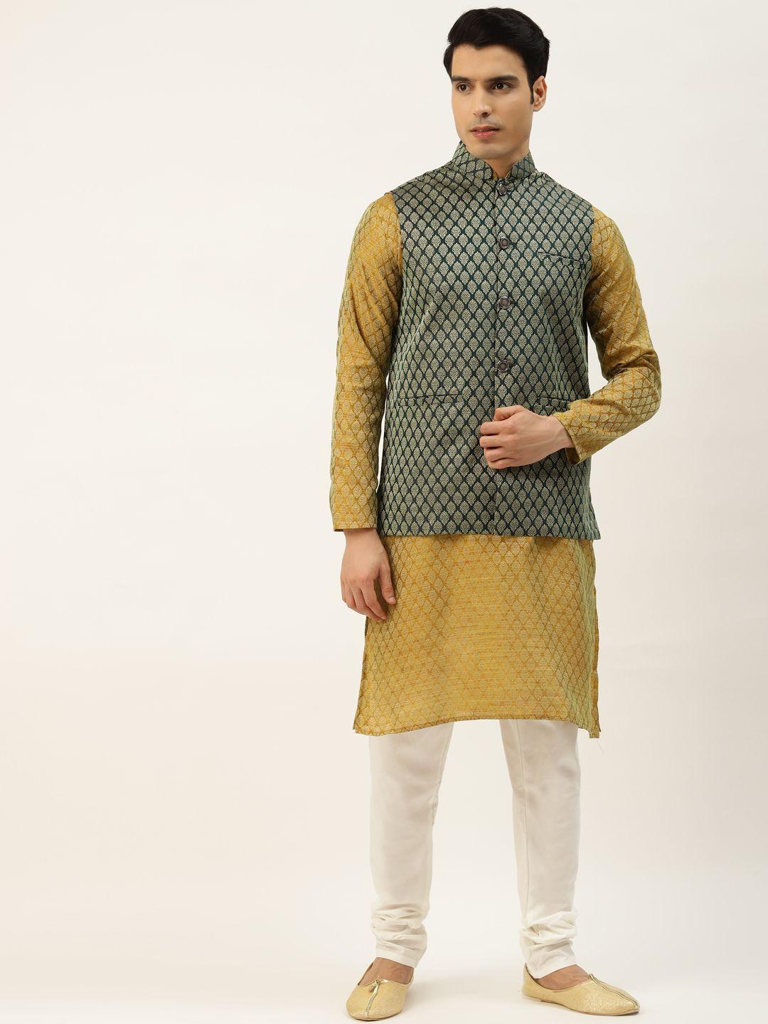 sojanya-men-olive-brown-&-green-jacquard-ethnic-motifs-straight-kurta-with-churidar
