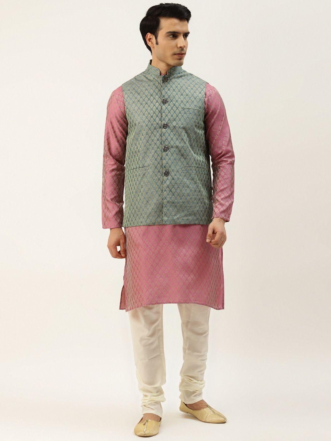 SOJANYA Men Pink Woven Design Kurta with Churidar & Nehru Jacket