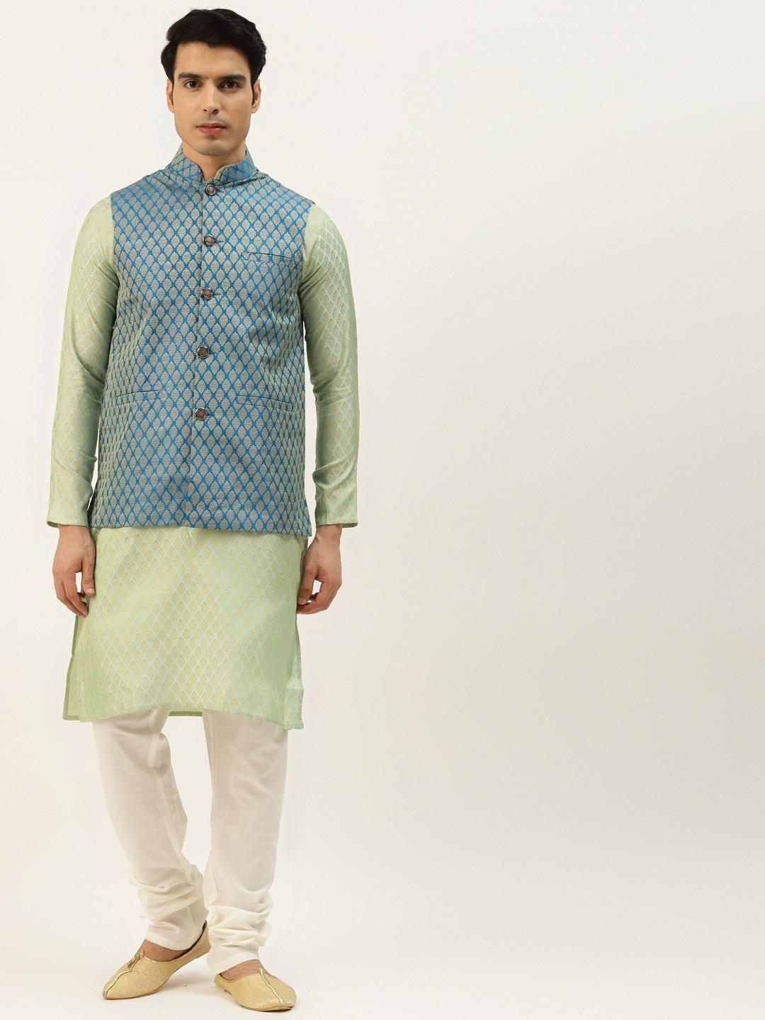 sojanya-men-blue-&-green-jacquard-ethnic-motifs-straight-kurta-with-churidar