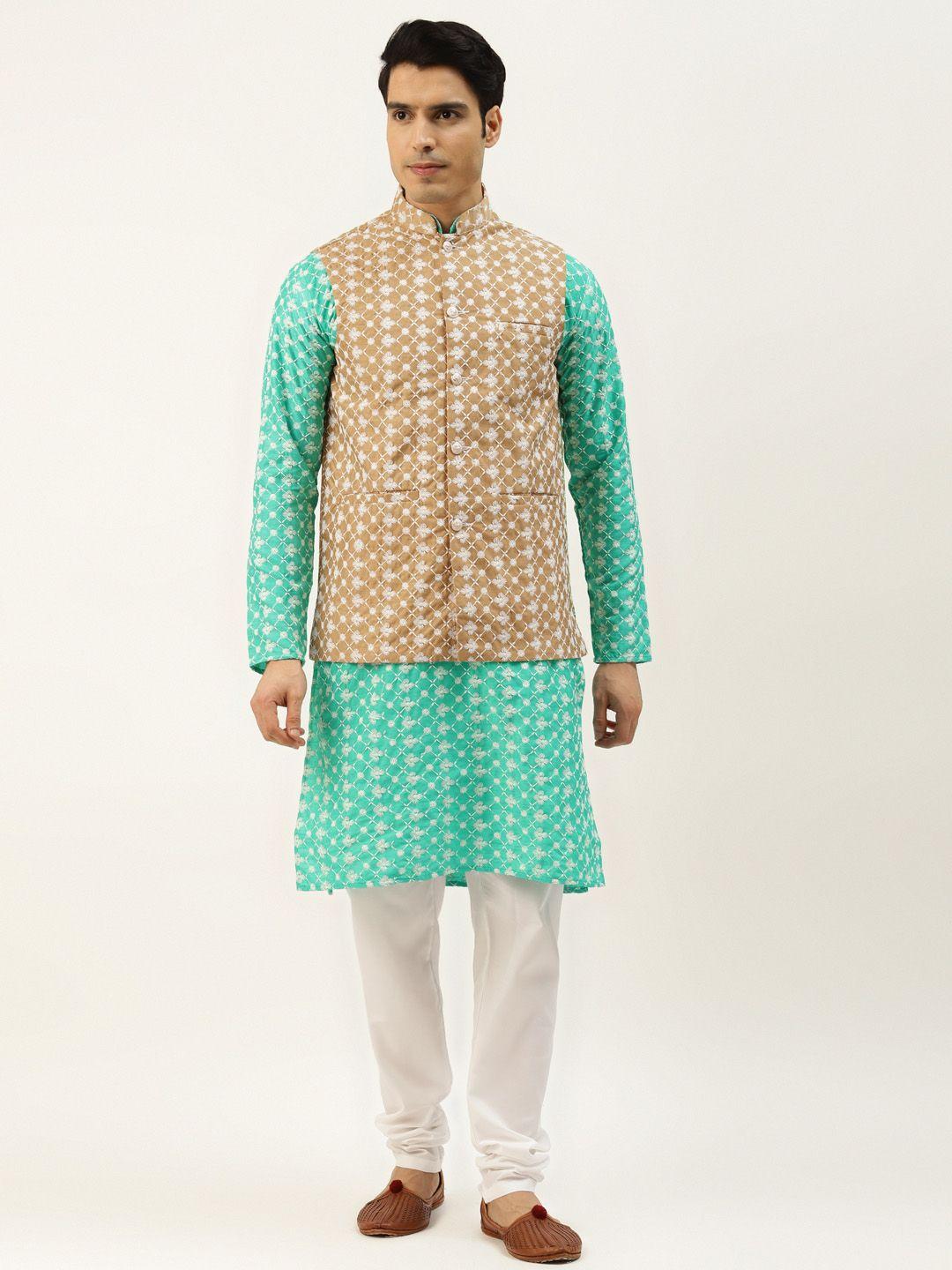 sojanya-men-green-&-beige-embroidered-thread-work-kurta-with-churidar-&-nehru-jacket