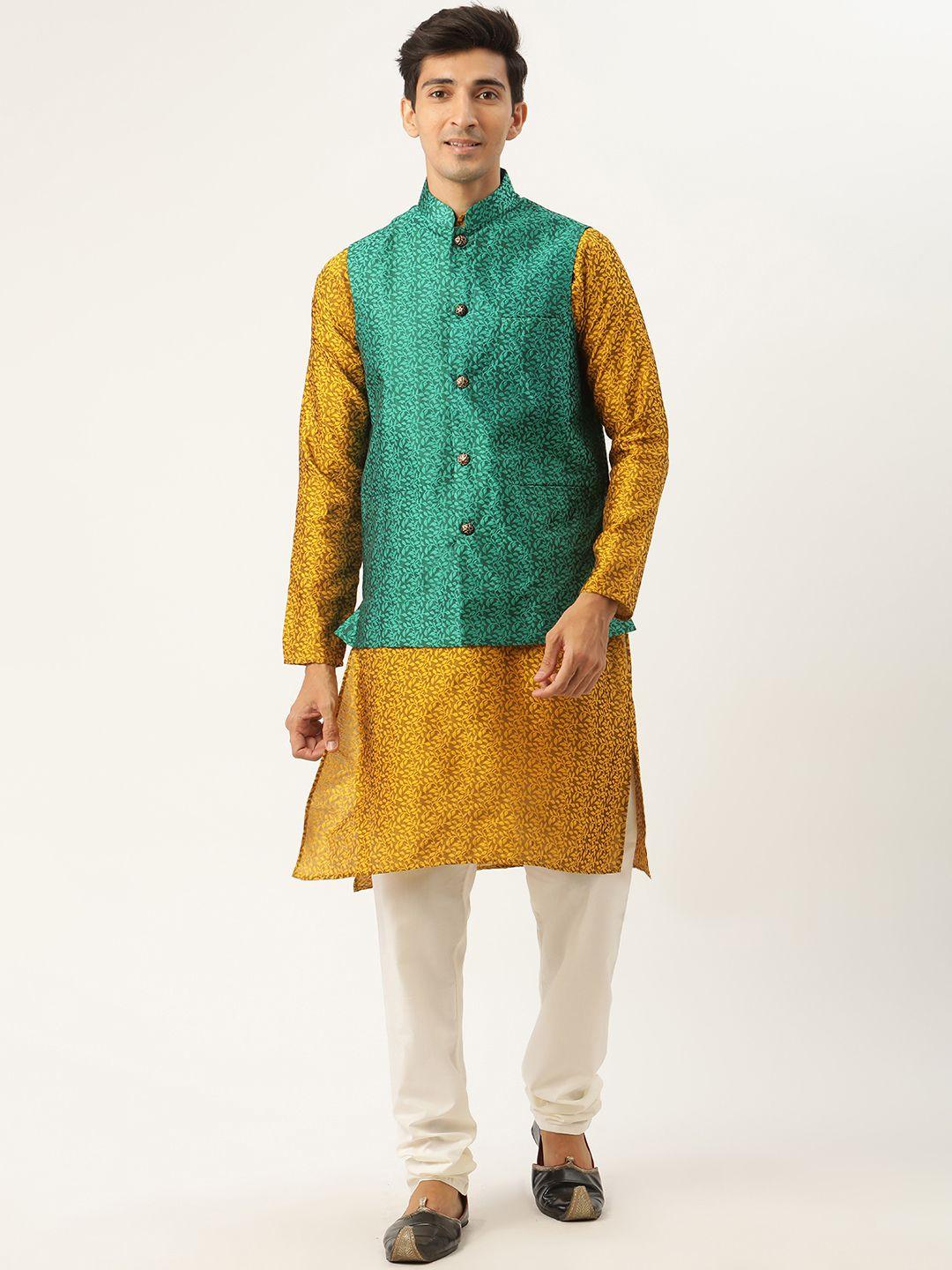 sojanya-men-mustard-yellow-jacquard-silk-kurta-with-churidar-&-nehru-jacket