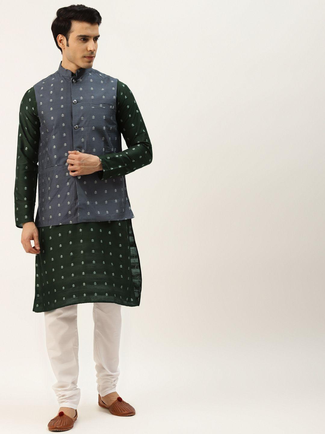 sojanya-men-navy-blue-self-design-kurta-with-churidar-&-nehru-jacket