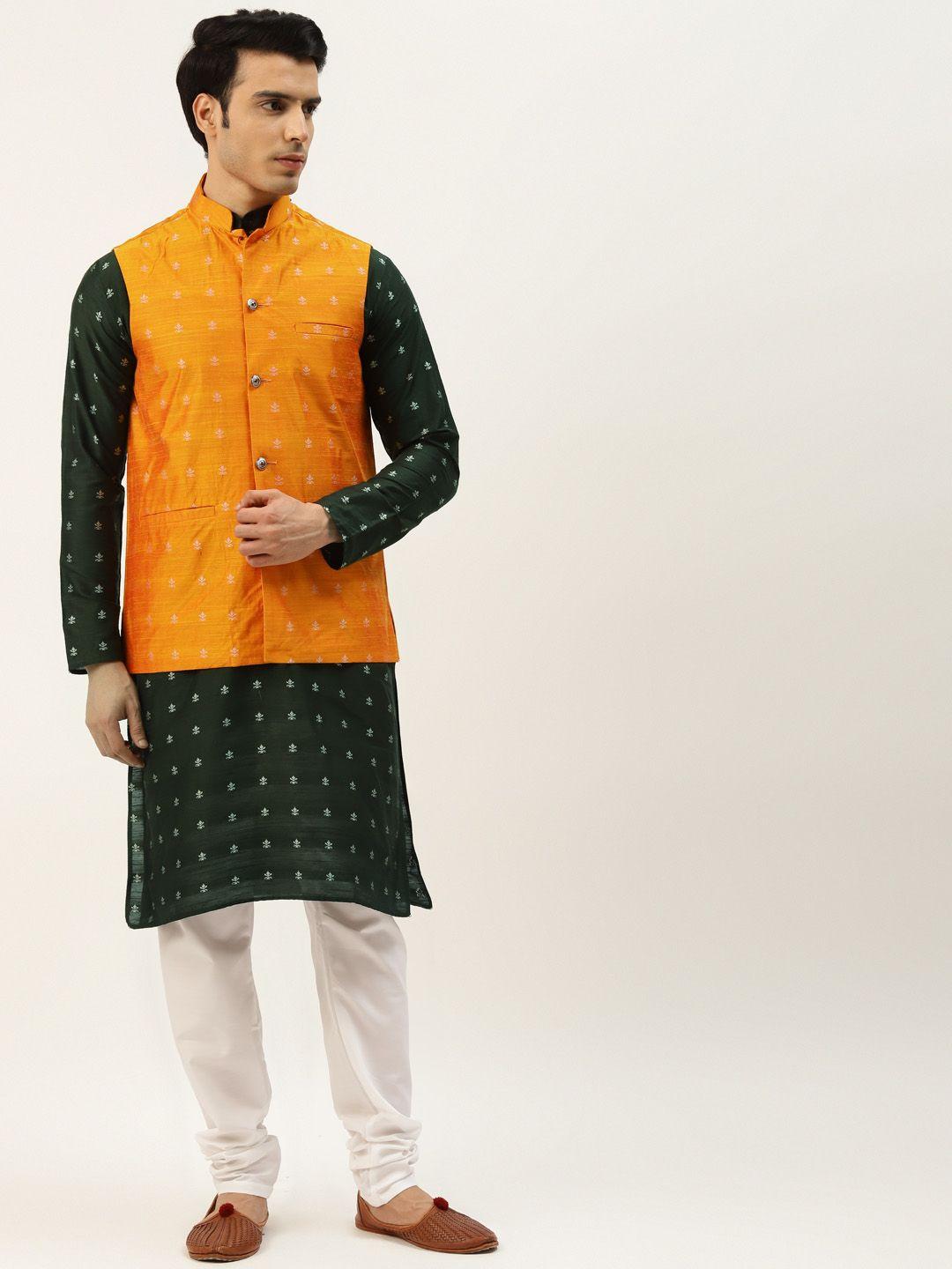 sojanya-men-green-self-design-kurta-with-churidar-&-nehru-jacket