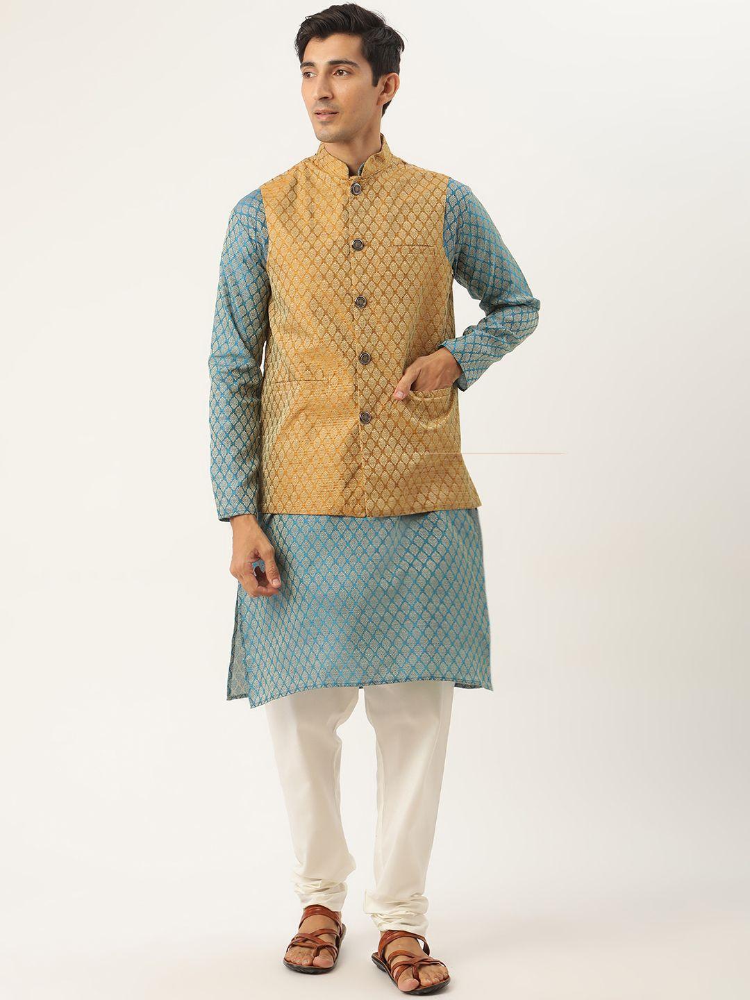 sojanya-men-teal-blue-&-mustard-yellow-ethnic-motifs-kurta-with-churidar-&-nehru-jacket