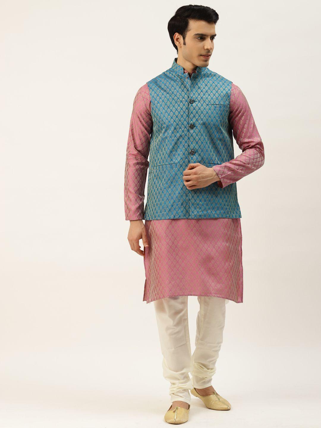 SOJANYA Men Pink & Golden Self Design Kurta with Churidar & Nehru Jacket
