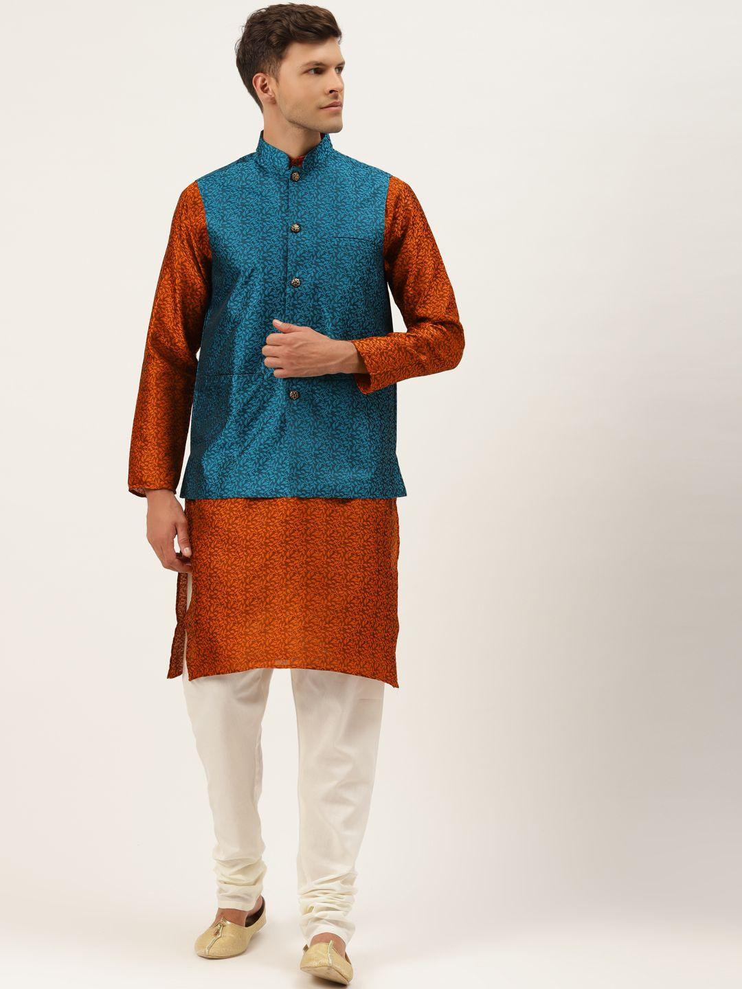 sojanya-men-teal-blue-&-rust-orange-jacquard-ethnic-motifs-straight-kurta-with-churidar