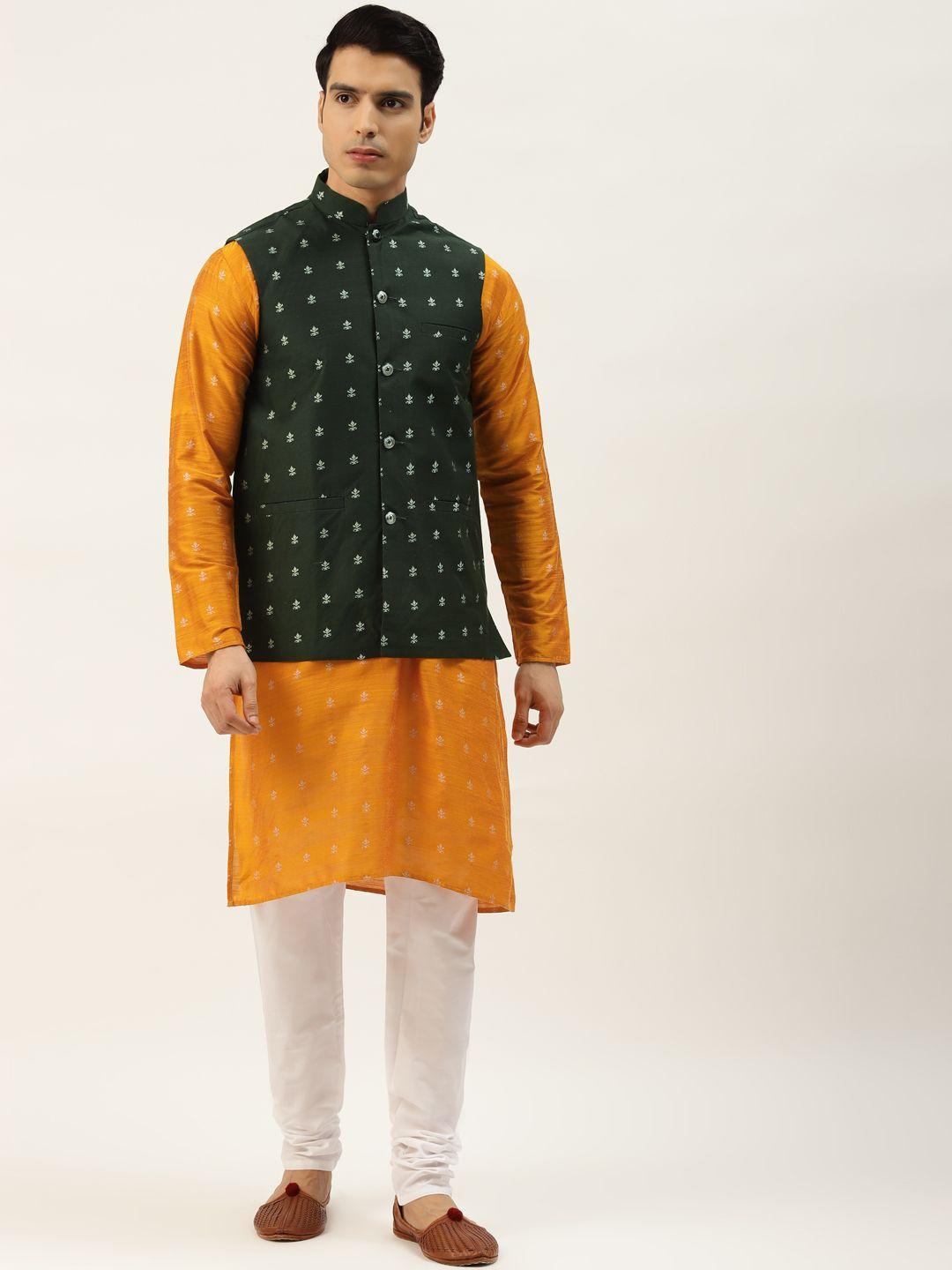 SOJANYA Men Orange Ethnic Motifs Kurta with Churidar & Nehru Jacket