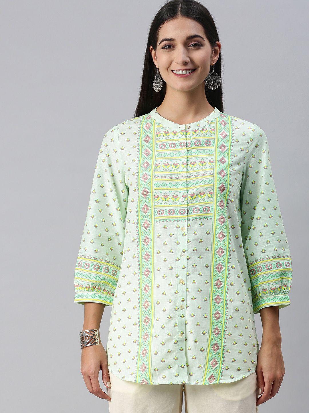 Global Desi Light Green Mandarin Collar Ethnic Printed Cotton Tunic