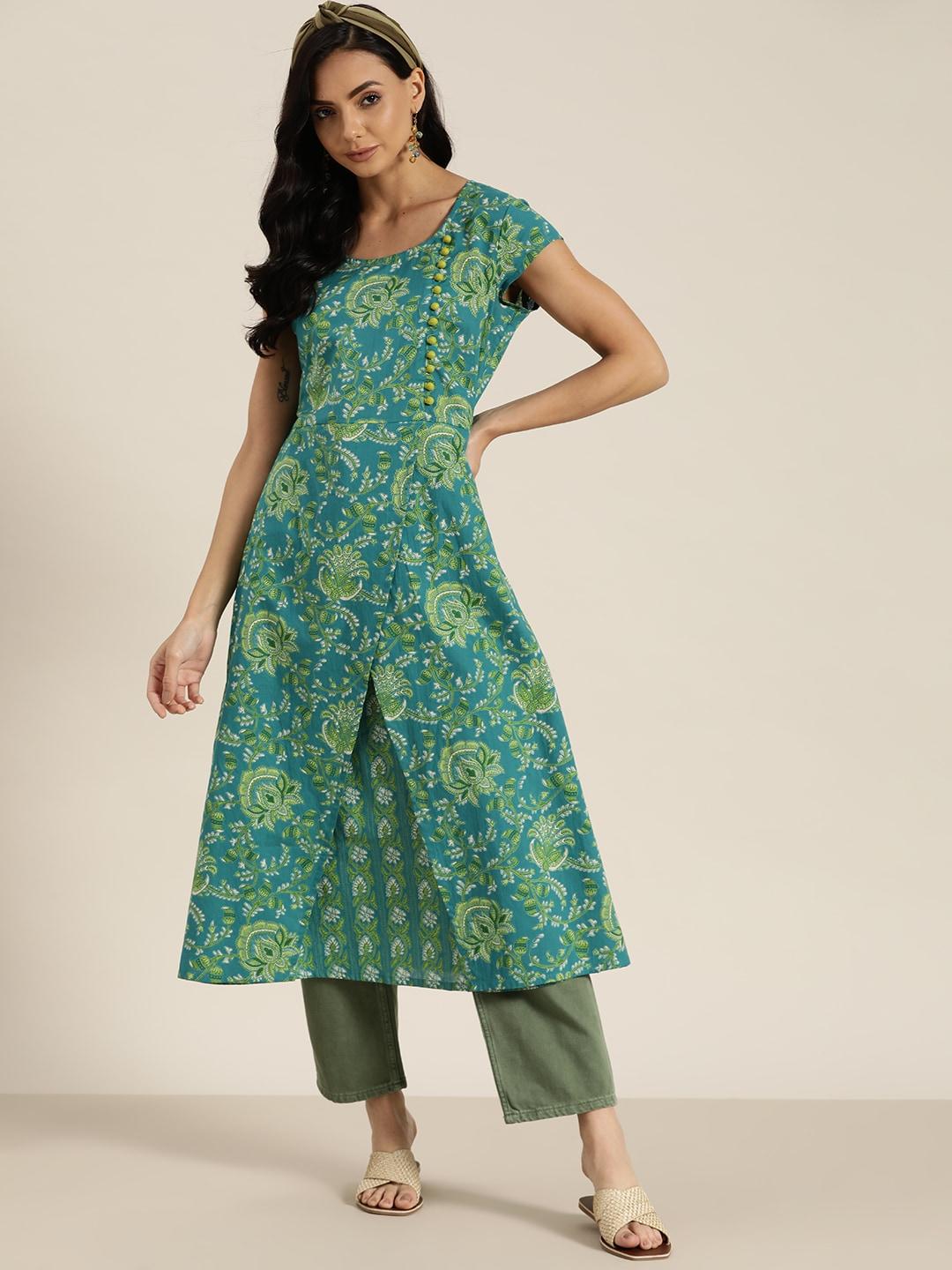 sangria-women-teal-blue-&-green-floral-print-cotton-kurta