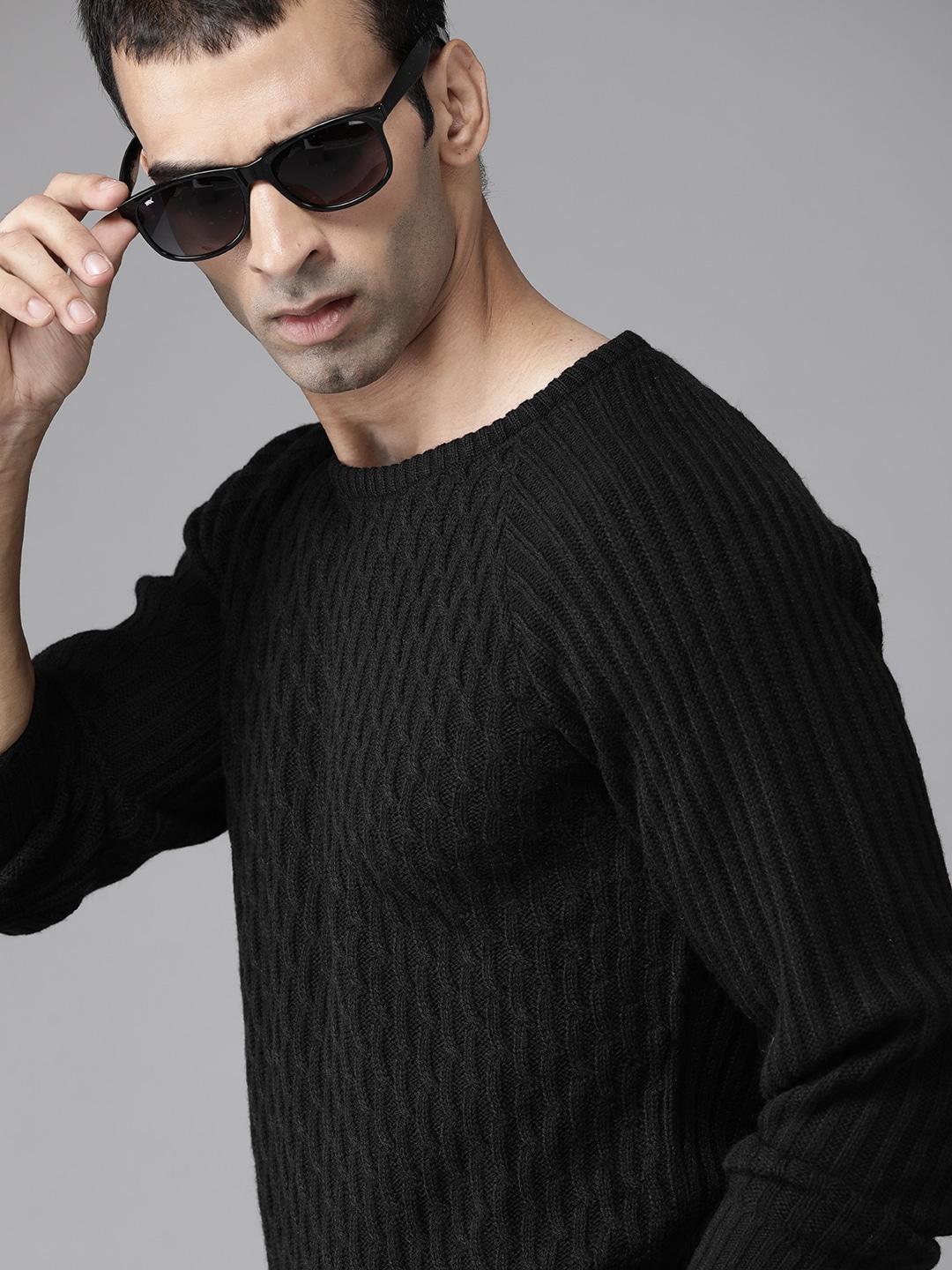 roadster-men-black-self-designed-pullover-sweater