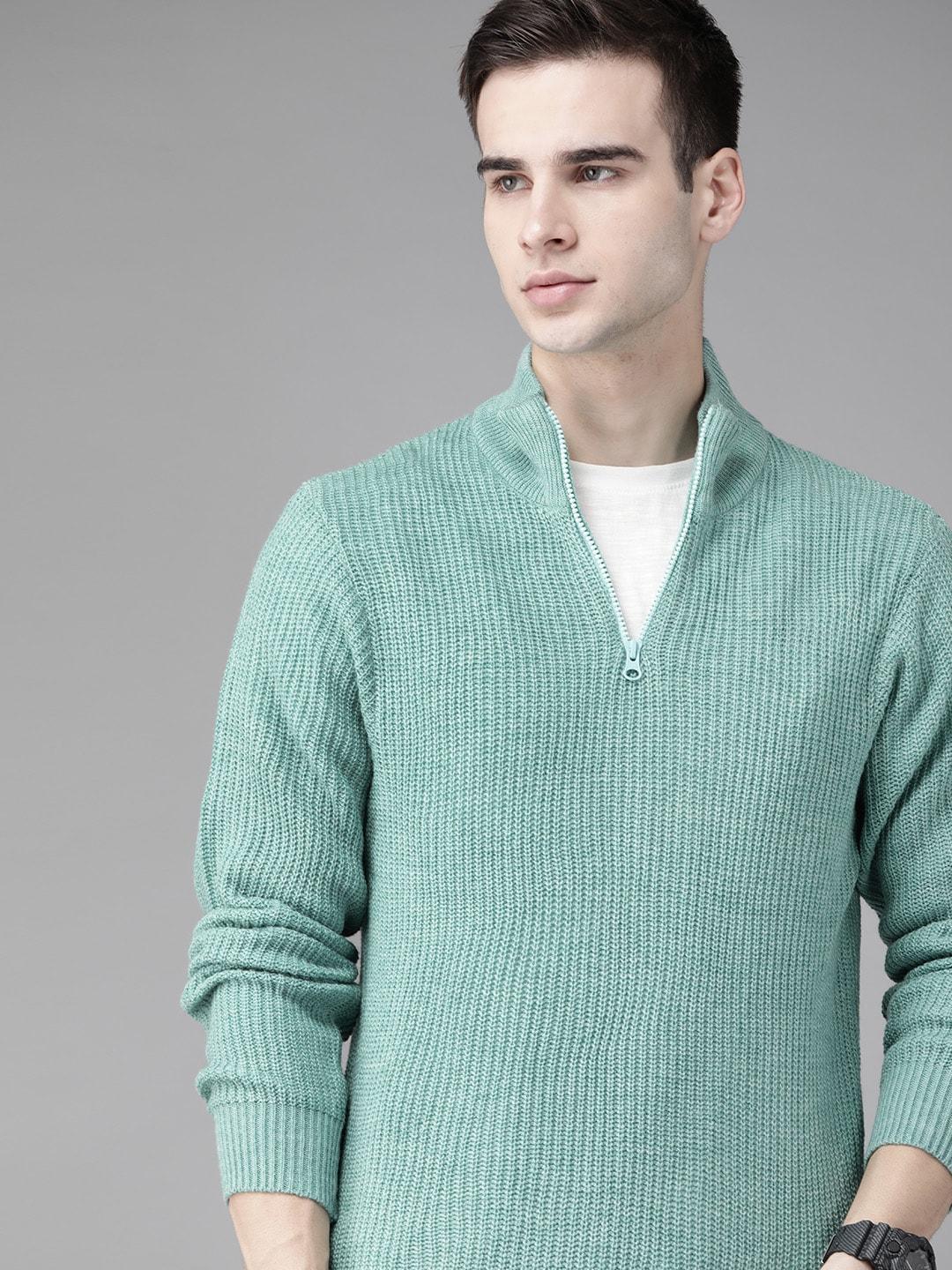 roadster-men-blue-self-designed-striped-pullover-sweater