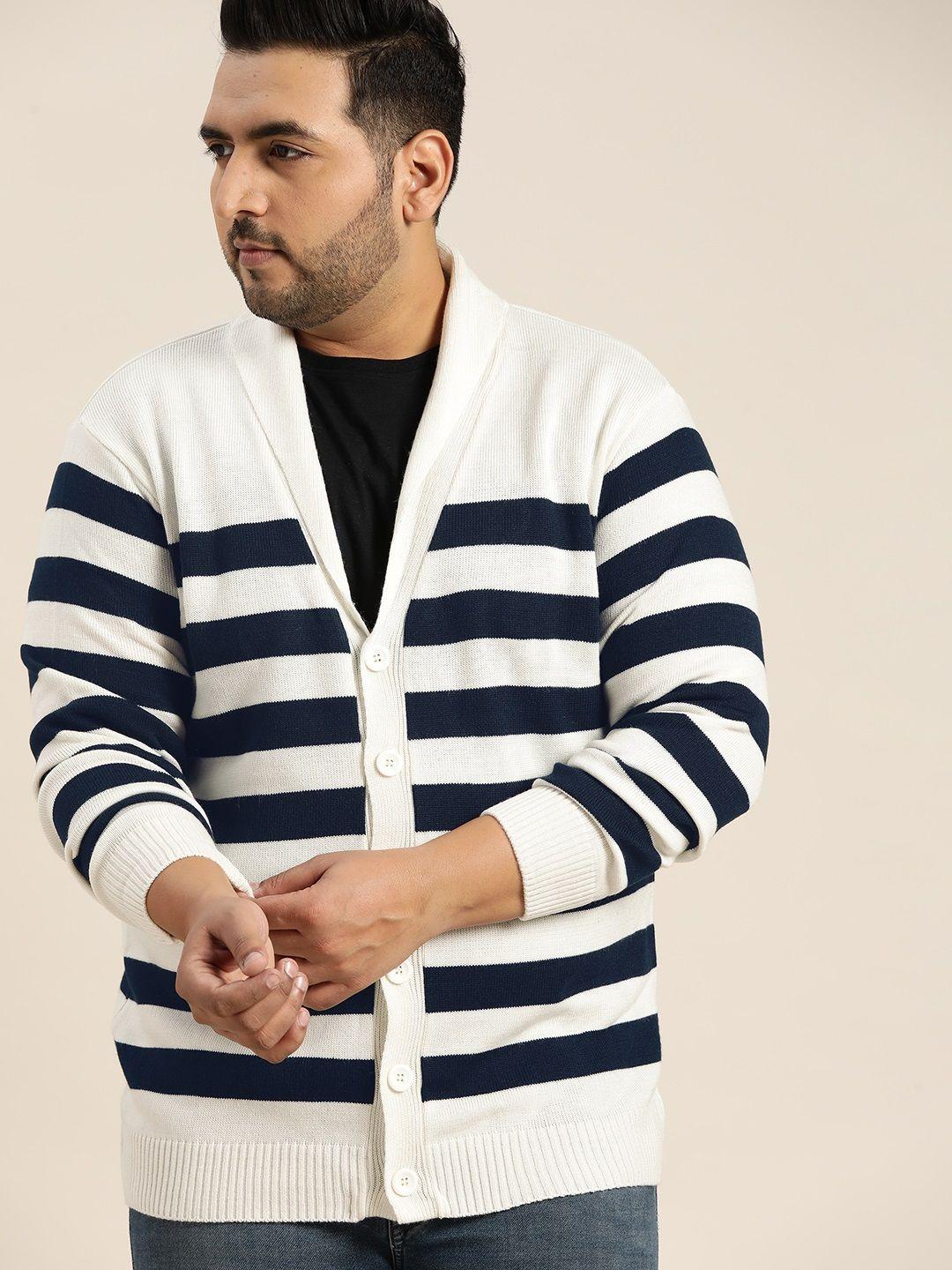 sztori-men-plus-size-off-white-&-navy-blue-striped-cardigan