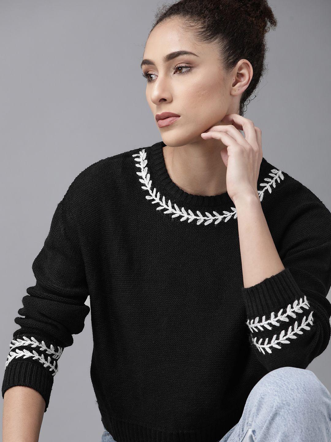 Roadster Women Black & White Solid Acrylic Pullover with Embroidered Detail