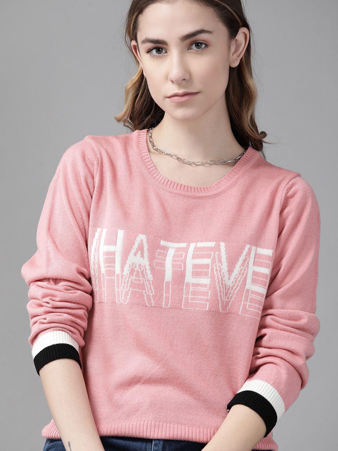 roadster-women-pink-&-white-typography-printed-pullover