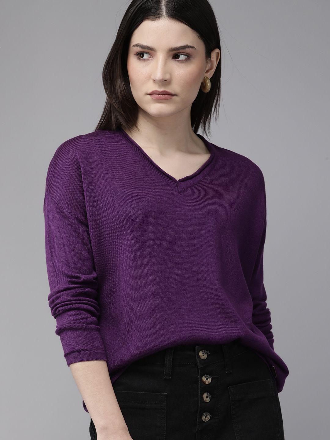 Roadster Women Self Designed Purple Pullover Sweater