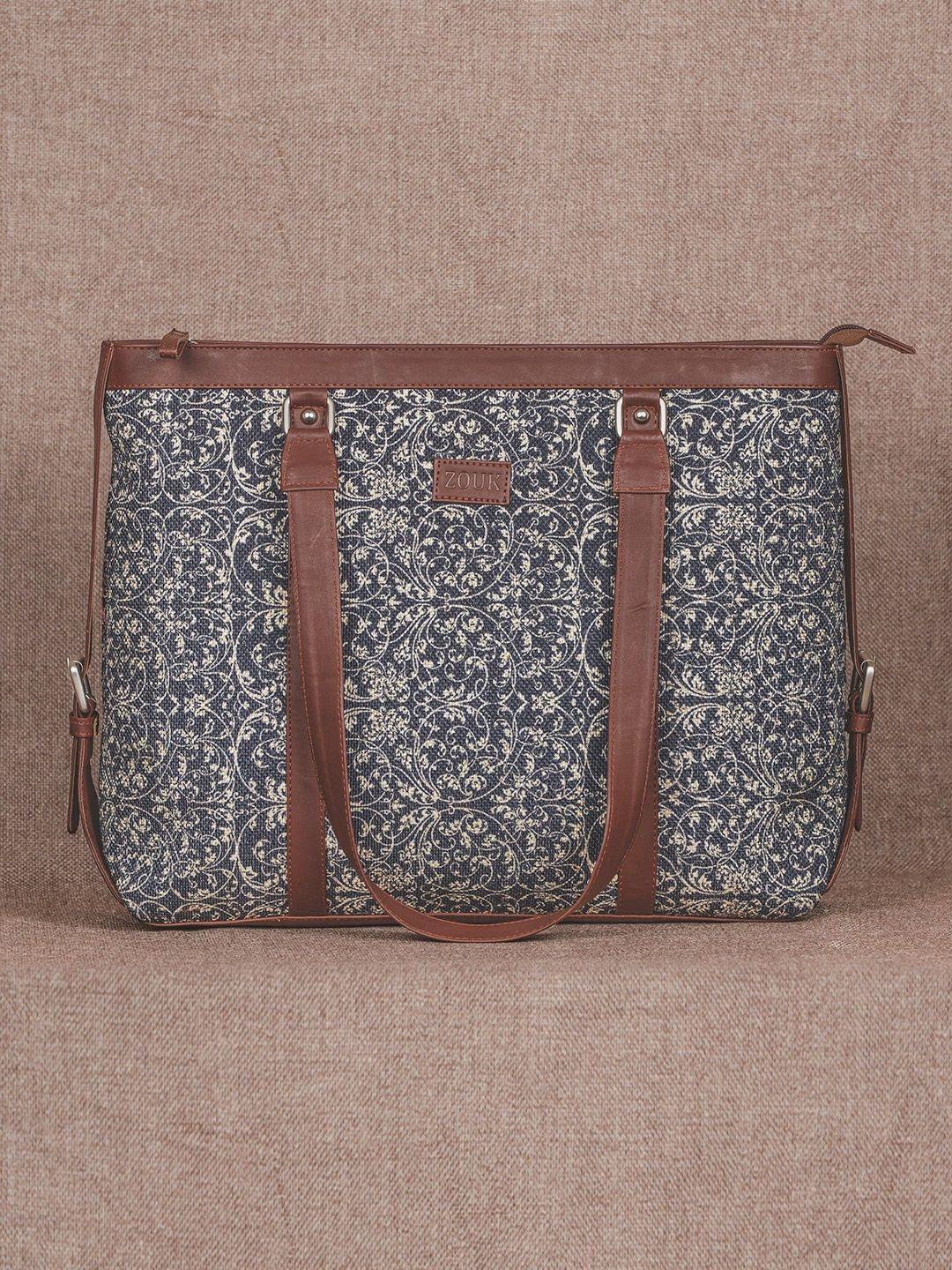ZOUK Navy Blue & Beige Floral Print Leather Handcrafted 16 Inch Laptop Sustainable Shoulder Bag