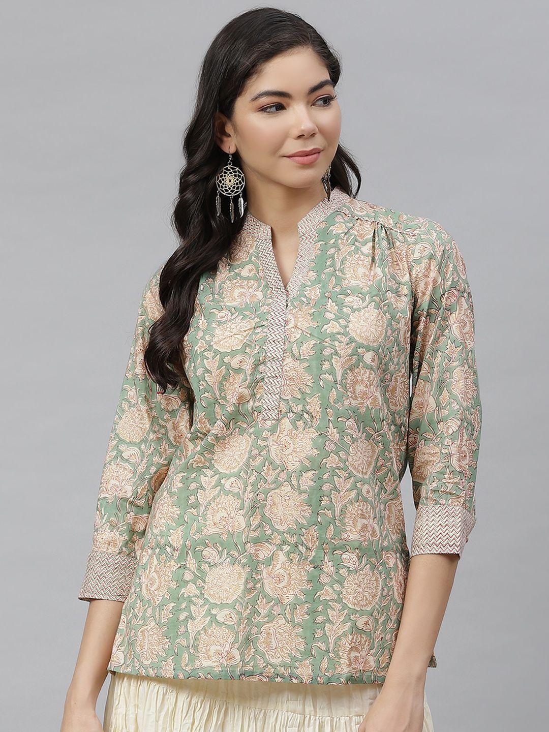 fabindia-green-&-beige-ethnic-print-mandarin-collar-pure-cotton-top
