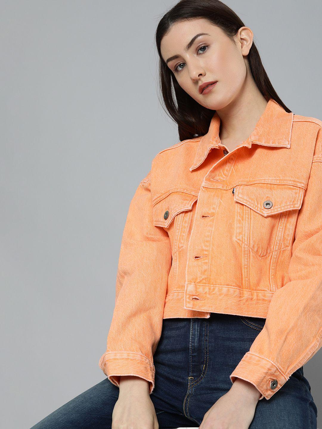 Levis Women Orange Solid Pure Cotton Crop Denim Jacket