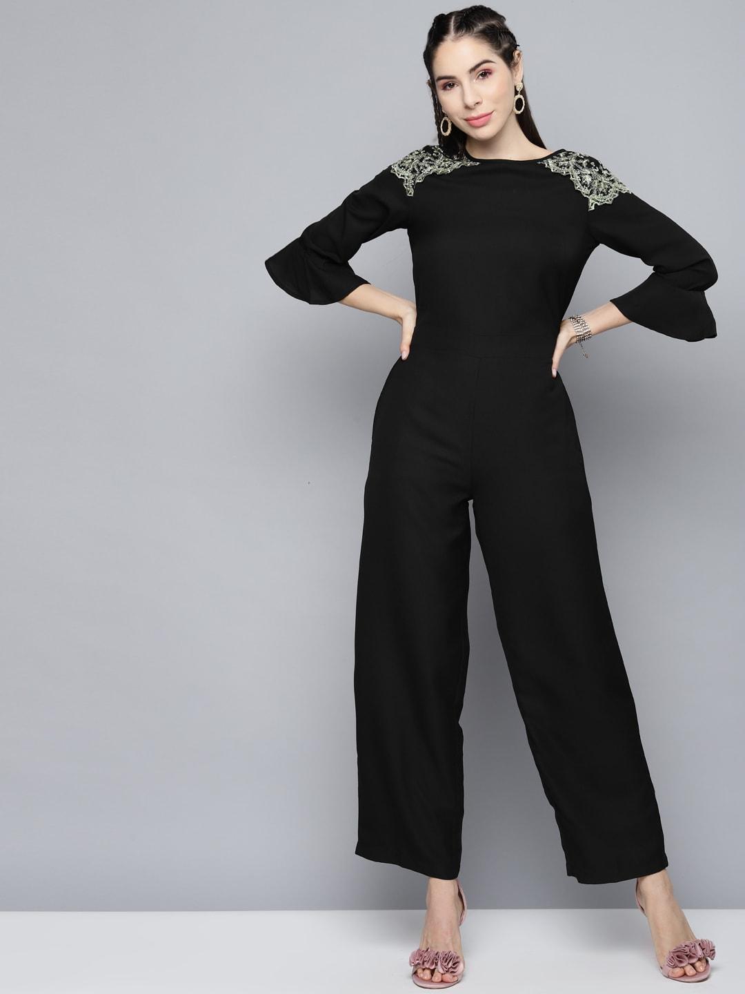SASSAFRAS Black Basic Solid Jumpsuit with Lace Inserts