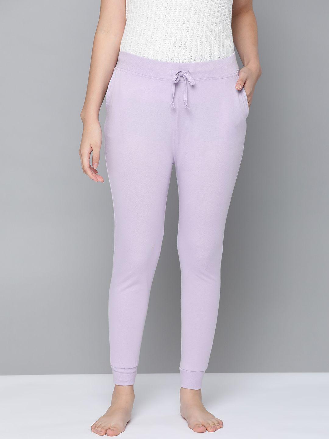 HERE&NOW Women Lavender Solid Pure Cotton Jogger Lounge Pants